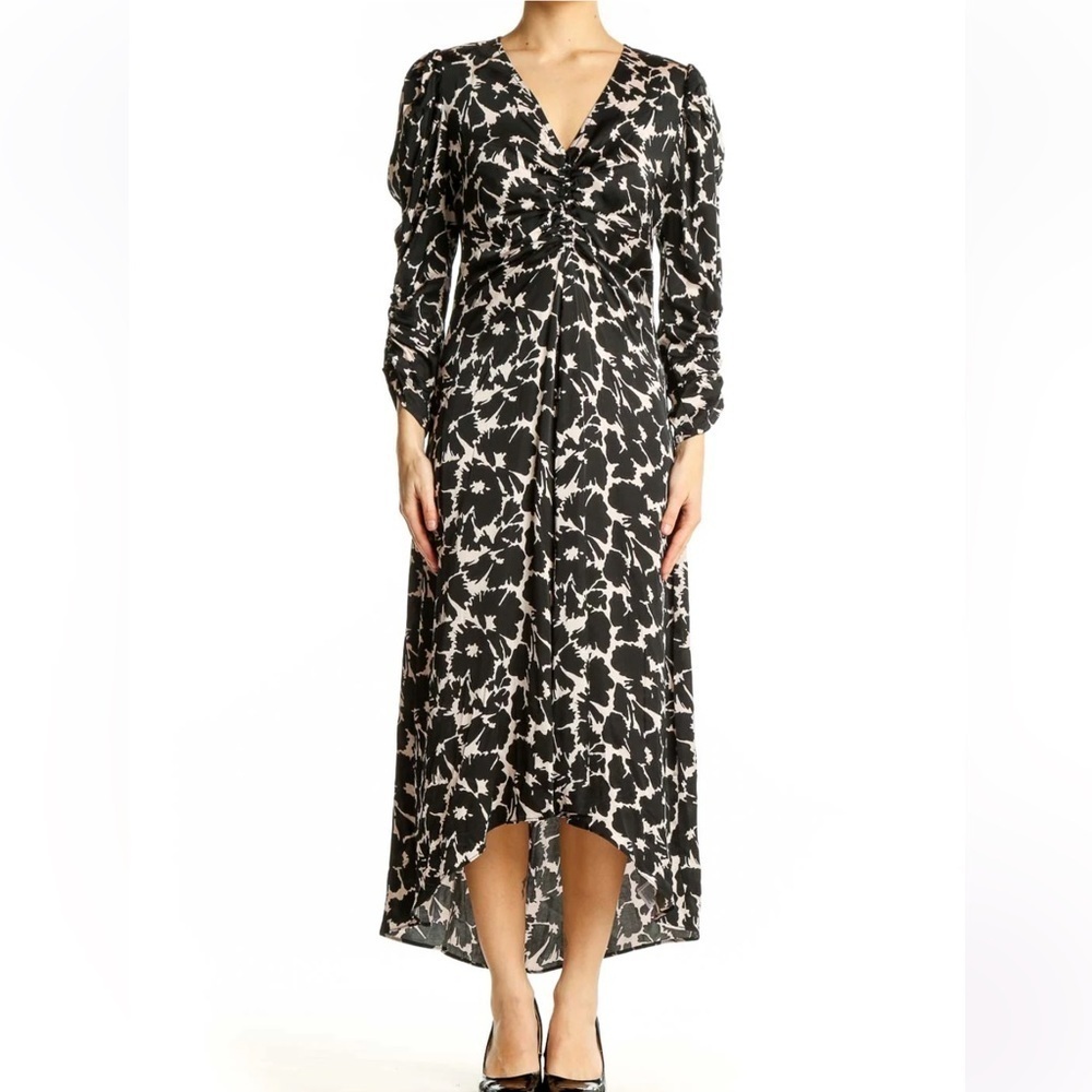 Gap Ruched Satin Midi Dress Size XL Black Off White Floral Feminine Romantic